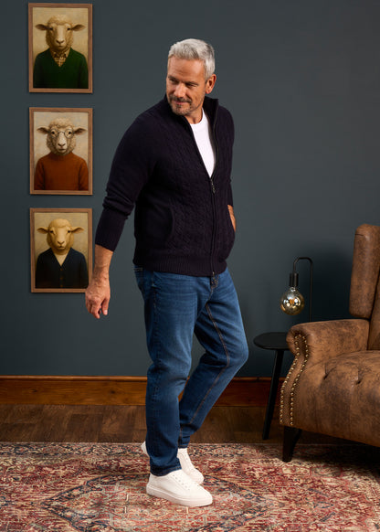 Mens-Lambswool-Cable-Front-Zip-Mock-Neck-Jumper-Navy