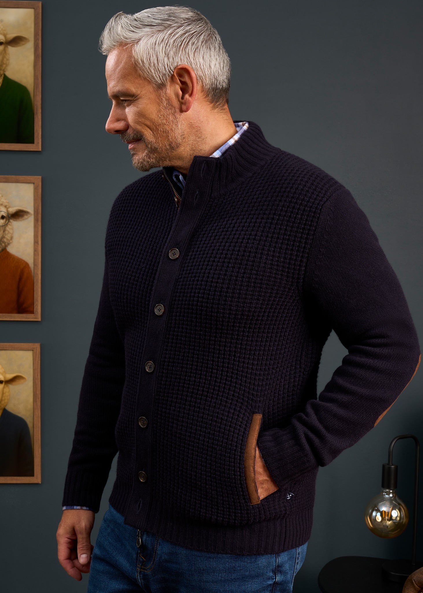 Duchally Men's Waffle Stitch Wool Jacket Navy