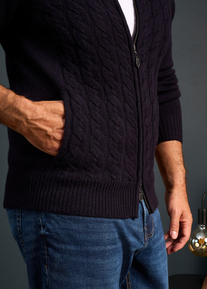 Mens-Lambswool-Cable-Front-Zip-Mock-Neck-Jumper-Navy