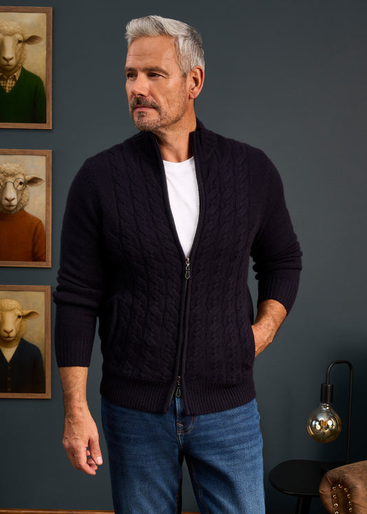 Mens-Lambswool-Cable-Front-Zip-Mock-Neck-Jumper-Navy