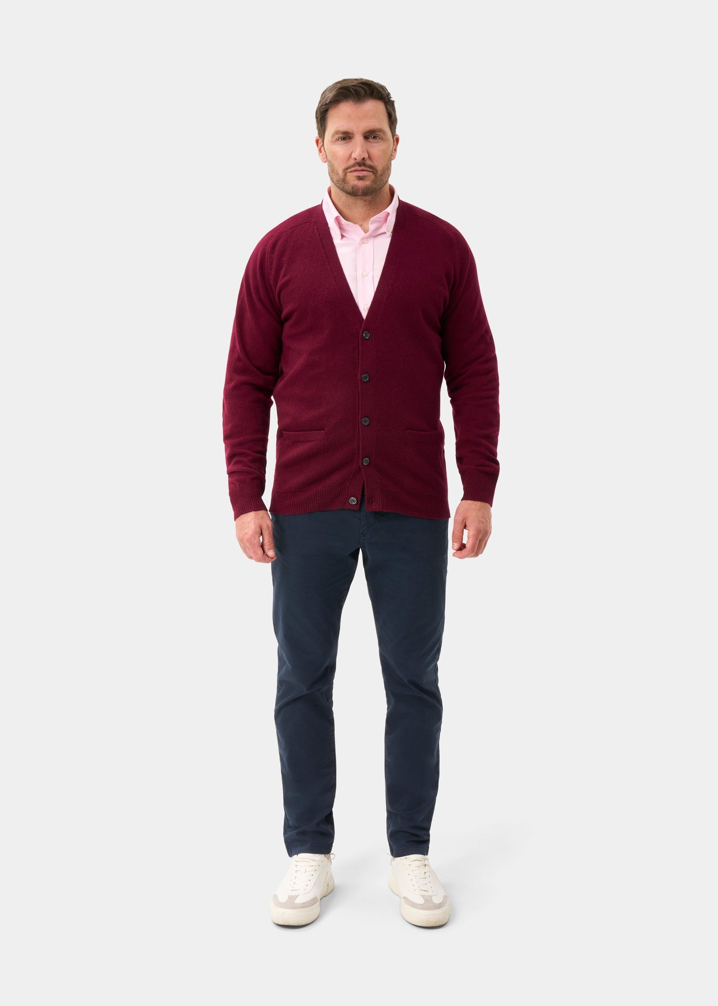 Men's Lambswool Vee Neck Cardigan Jumper in Bordeaux