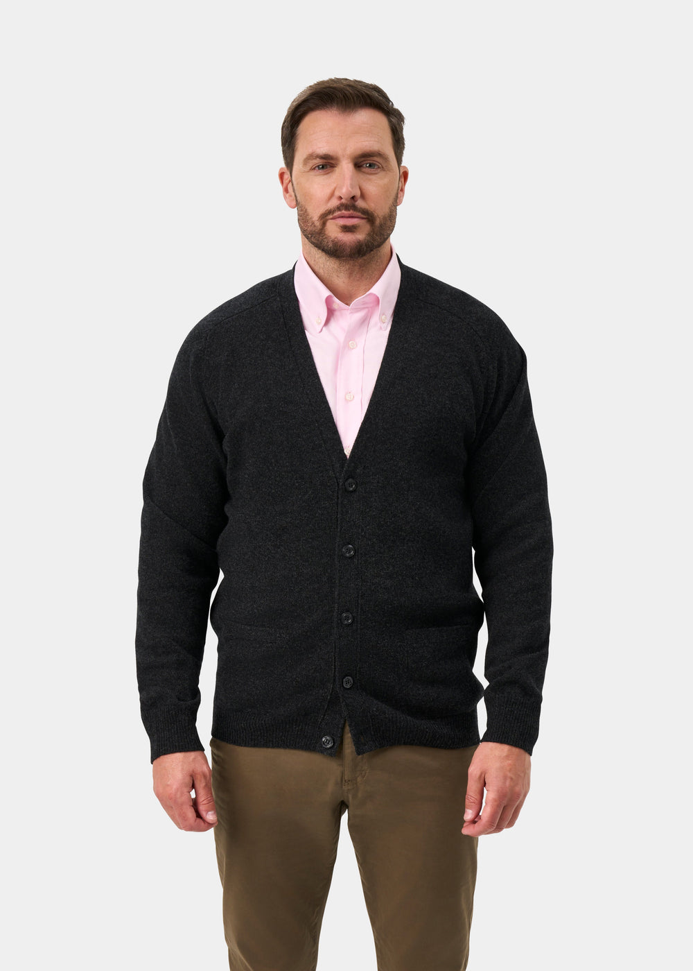 Cornwall Lambswool V-Neck Cardigan In Charcoal - Classic Fit