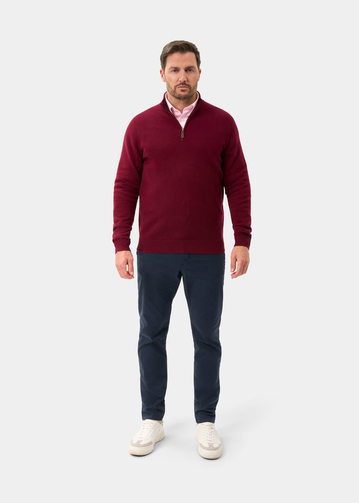 Men's Lambswool Quarter Zip Neck Jumper in Bordeaux