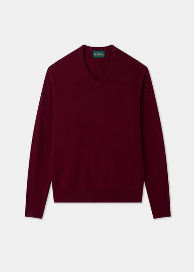 Men's Lambswool Vee Neck Jumper in Bordeaux
