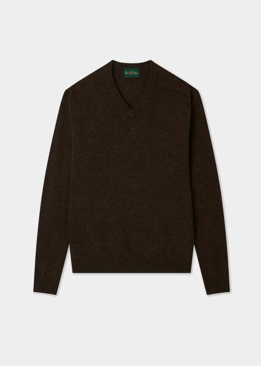 Kilsyth Lambswool Vee Neck Jumper in Cocoa, regular fit, shown laid flat on a white background.