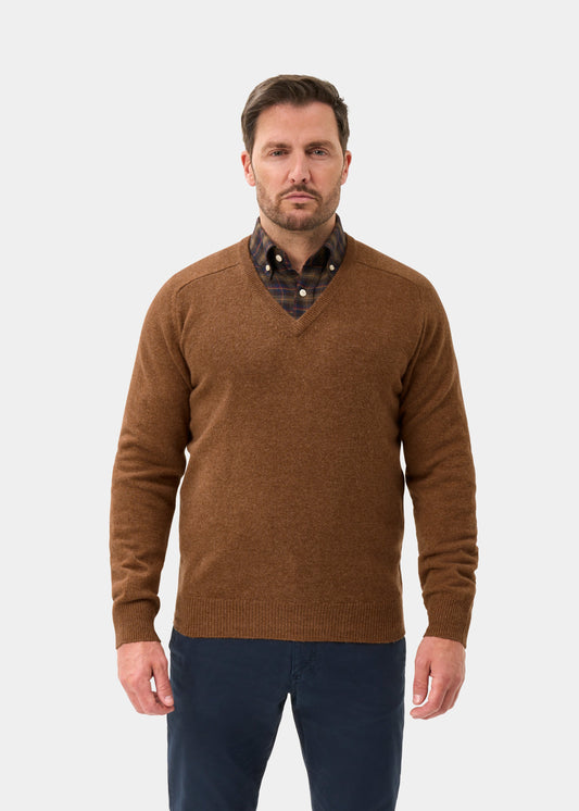 Men's Lambswool Vee Neck Jumper in Driftwood