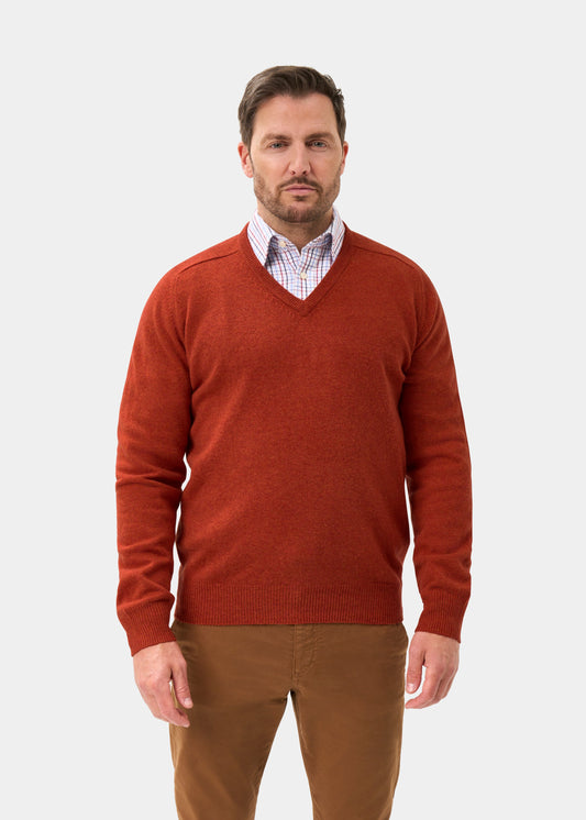 Men's Lambswool Vee Neck Jumper in Ember