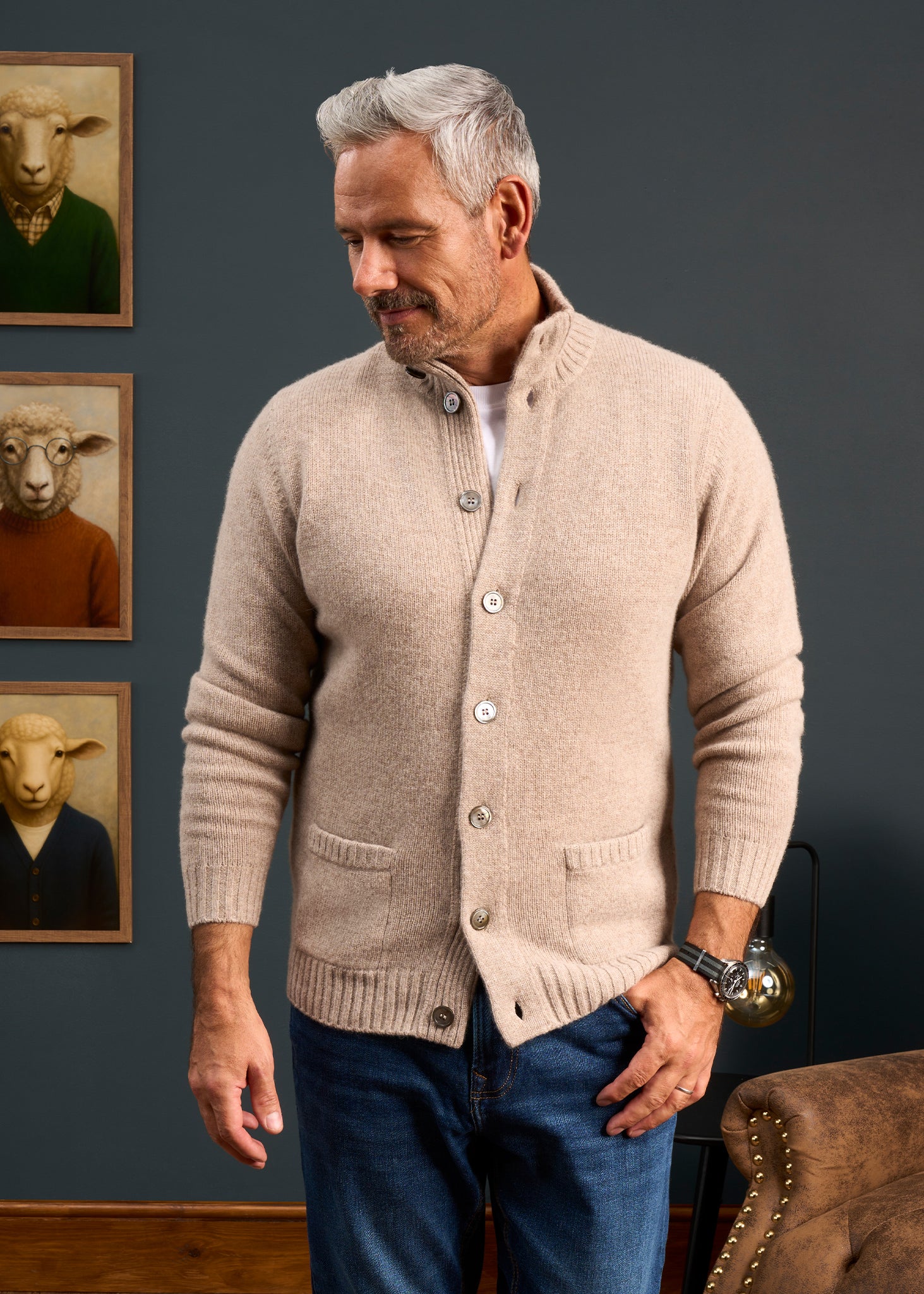 Mens-Lambswool-Mock-Neck-Jumper-Cream