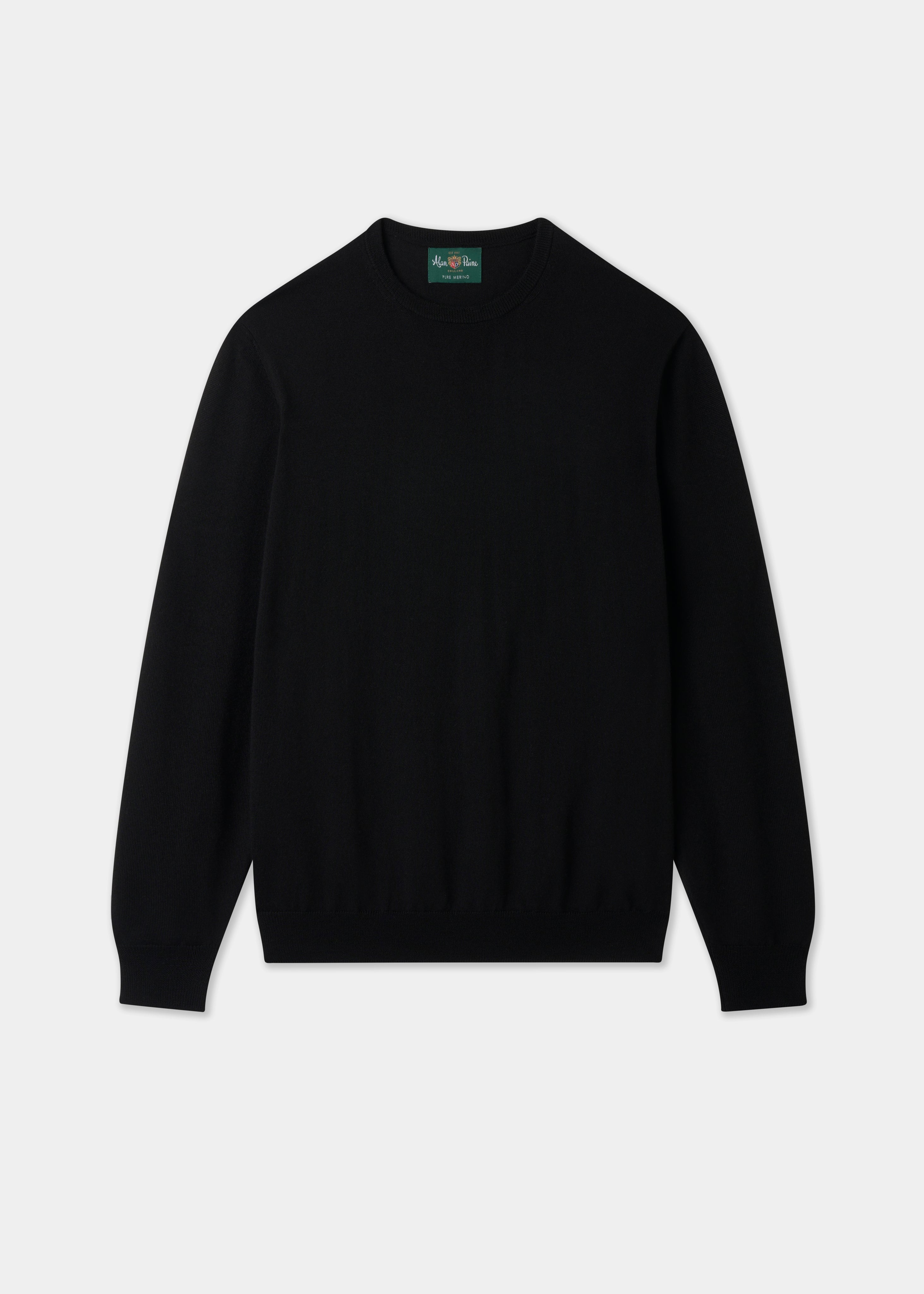 Men's Merino Wool Crew Neck Jumper in Black – Alan Paine