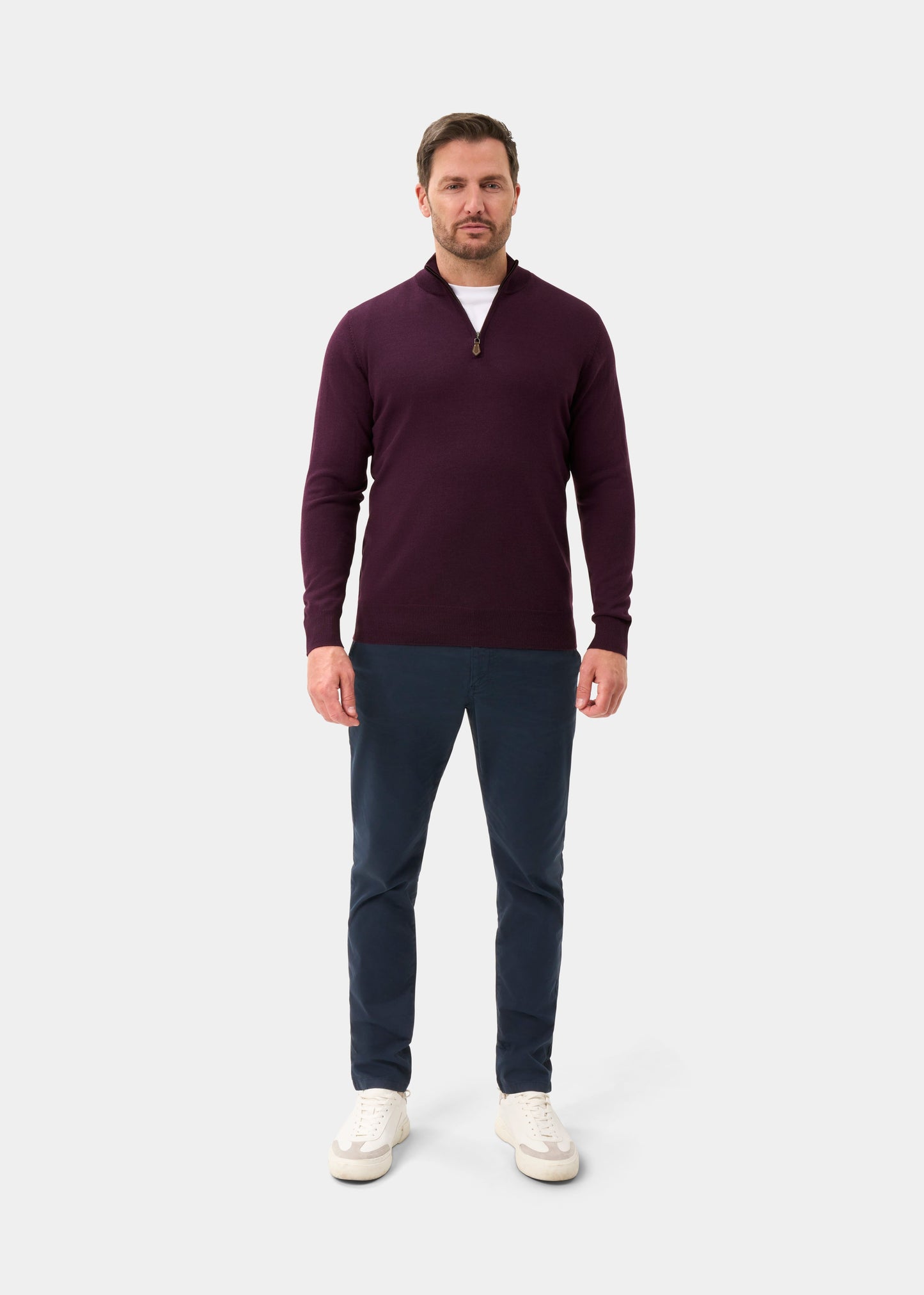 Men's Merino Wool Quarter Zip Neck Jumper in Black Grape