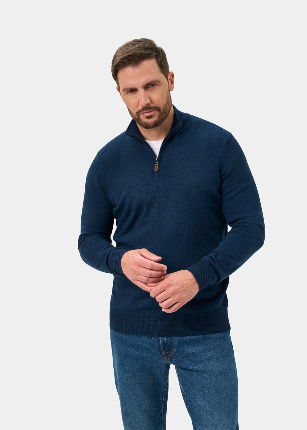 Barton Merino Wool 1/4 Zip Mock Jumper in Indigo - Regular Fit