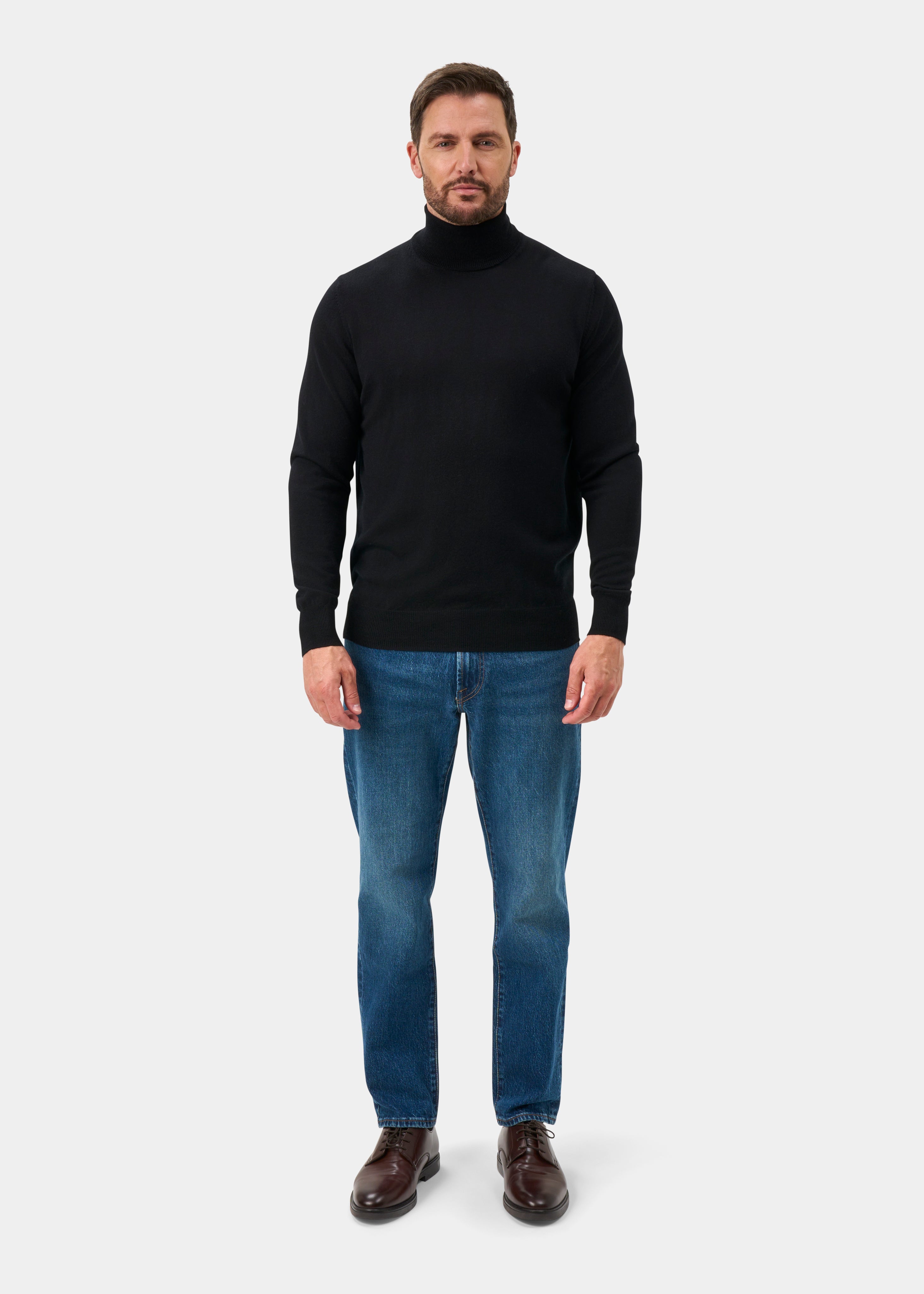 Men's Merino Wool Roll Neck Jumper in Black – Alan Paine