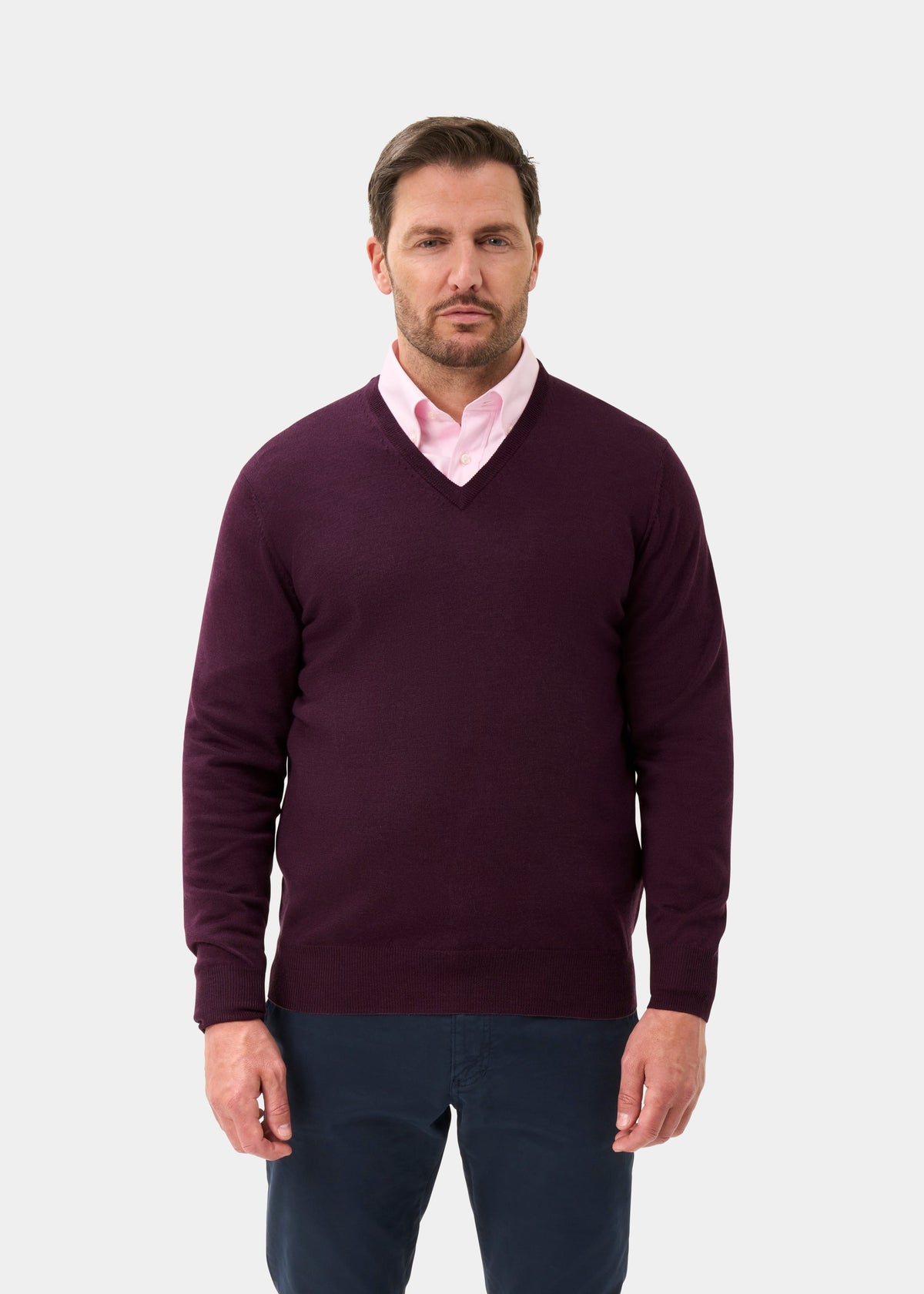 Men's Merino Wool Vee Neck Jumper in Black Grape