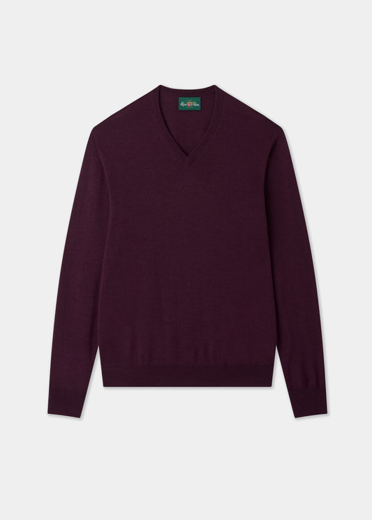 Men's Merino Wool Vee Neck Jumper in Black Grape