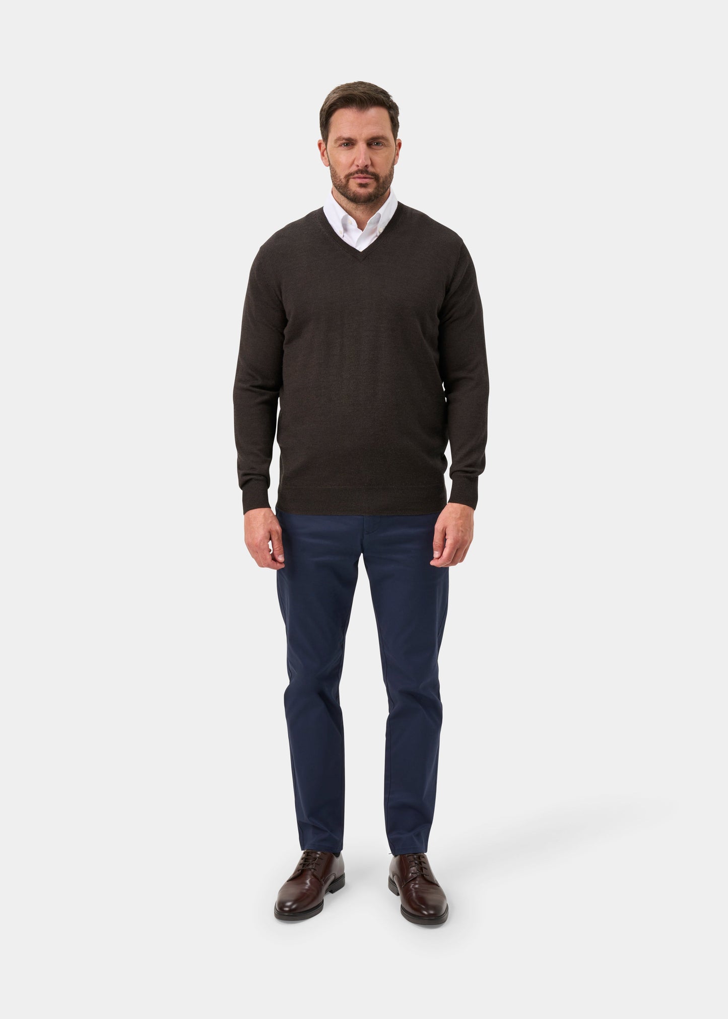 Millbreck Merino Wool V-Neck Jumper In Dark Brown - Regular Fit