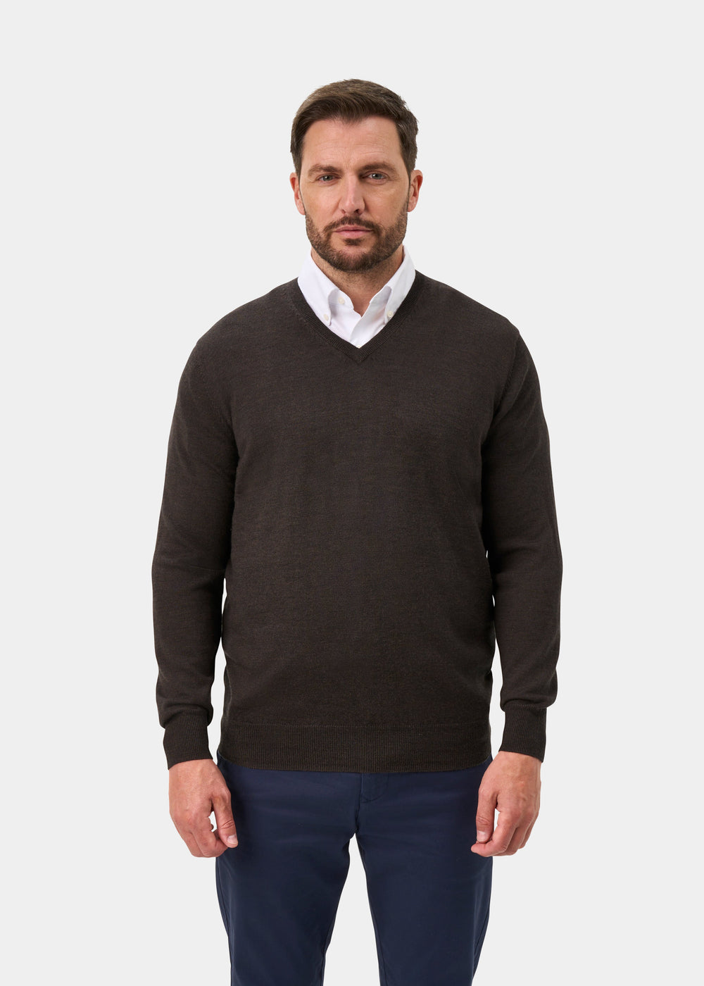 Millbreck Merino Wool V-Neck Jumper In Dark Brown - Regular Fit