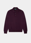 Hindhead Men’s Merino Wool Polo, Black Grape, regular fit, long-sleeve with three buttons, on white background.
