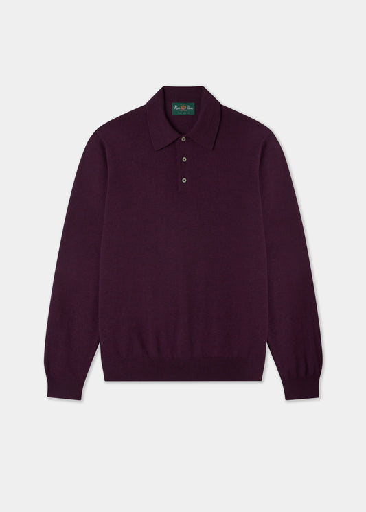 Hindhead Men’s Merino Wool Polo, Black Grape, regular fit, long-sleeve with three buttons, on white background.