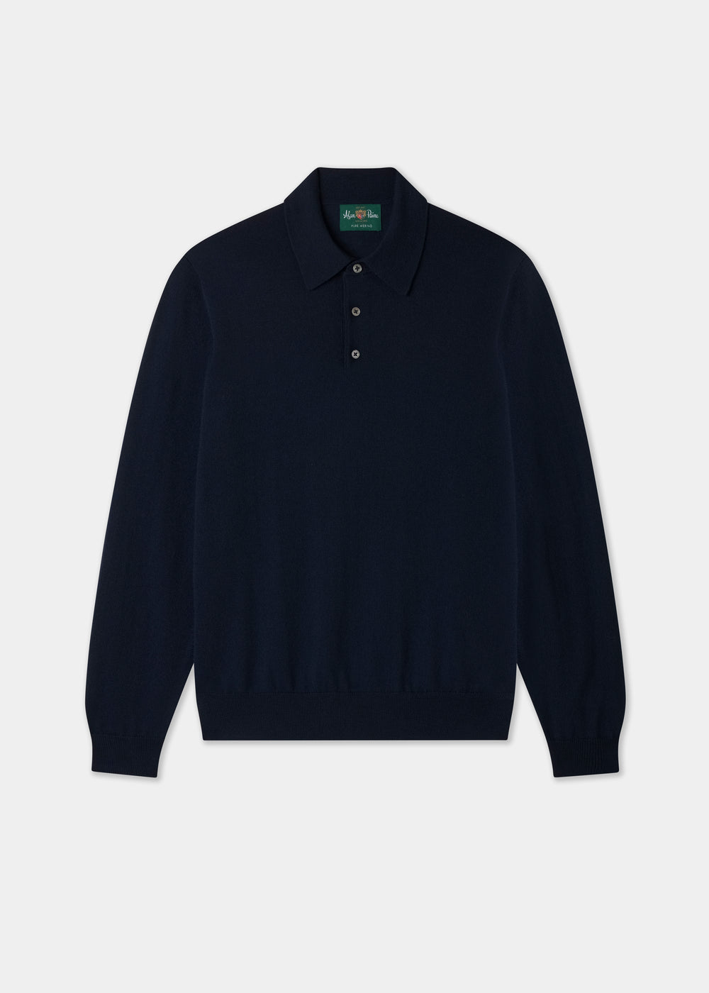 Hindhead Men’s Merino Wool Polo Shirt in Dark Navy, regular fit, long sleeves, 3-button placket, laid flat.