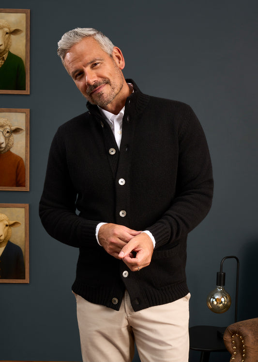Mens-Mock-Neck-Lambswool-Jumper-Black