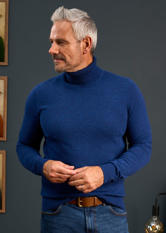 Mens-Roll-Neck-Jumper-Blue