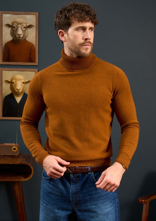 Mens-Roll-Neck-Jumper-Brown-Orange