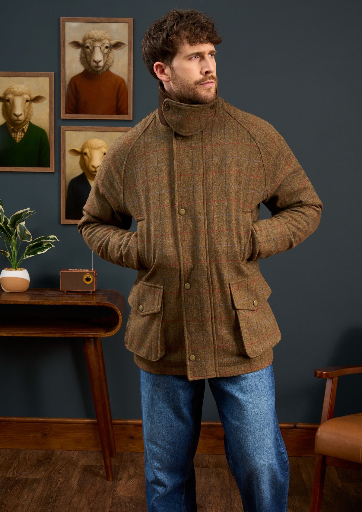 Surrey Men’s Tweed Waterproof Coat in Hawkswood - Shooting Fit, a wool jacket with a high collar and large front pockets.