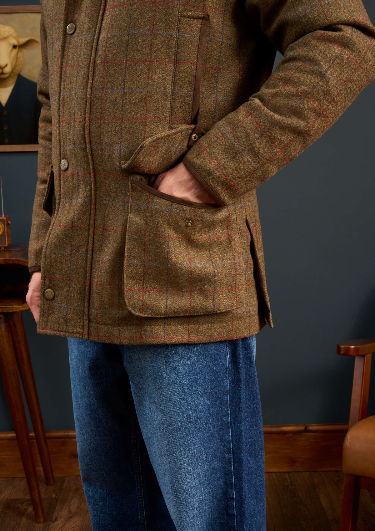 Surrey Men’s Tweed Waterproof Coat in Hawkswood: brown tweed shooting jacket, check pattern, patch pockets, snap closures.