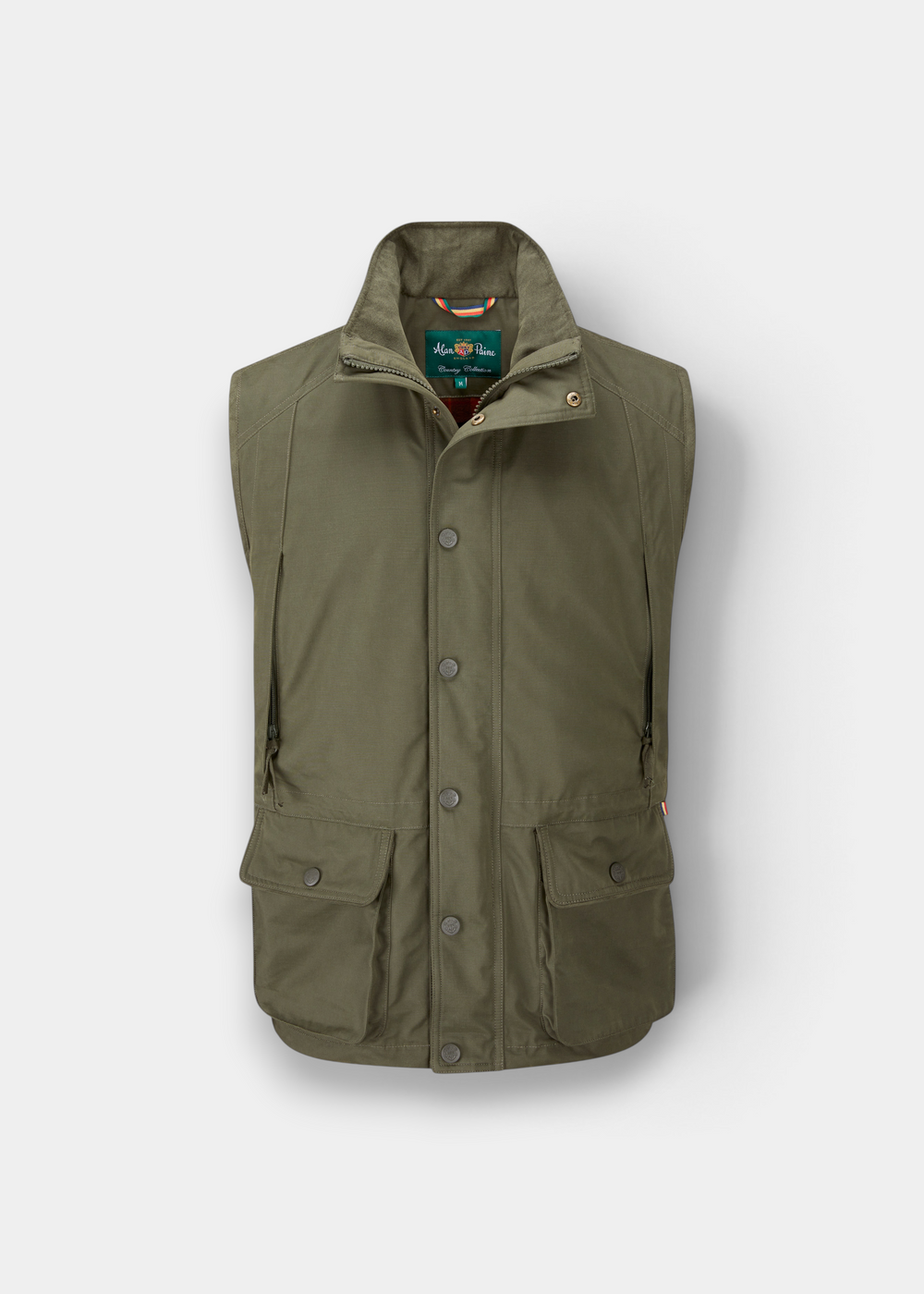 Alan Paine olive waterproof shooting waistcoat with cartridge pockets, hand-warmers, and a robust two-way zipper.