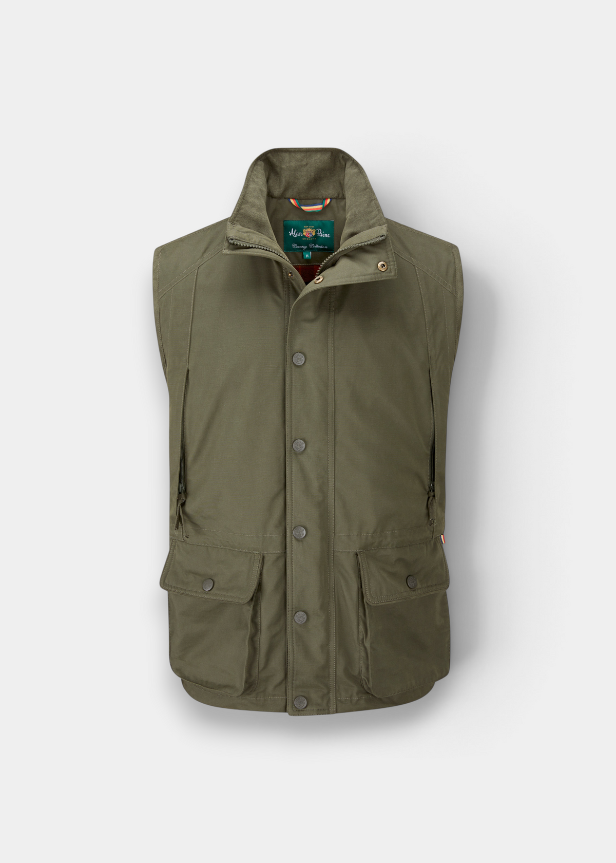 Alan Paine olive waterproof shooting waistcoat with cartridge pockets, hand-warmers, and a robust two-way zipper.