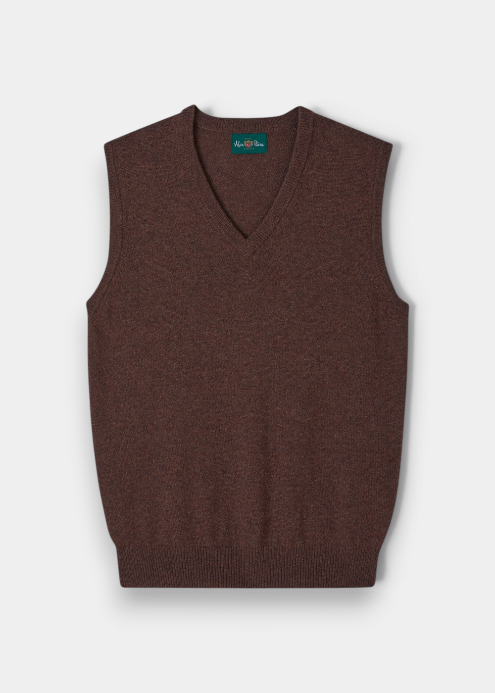 Tobacco Norfolk Lambswool V-Neck Slipover brown sweater vest with ribbed trim.