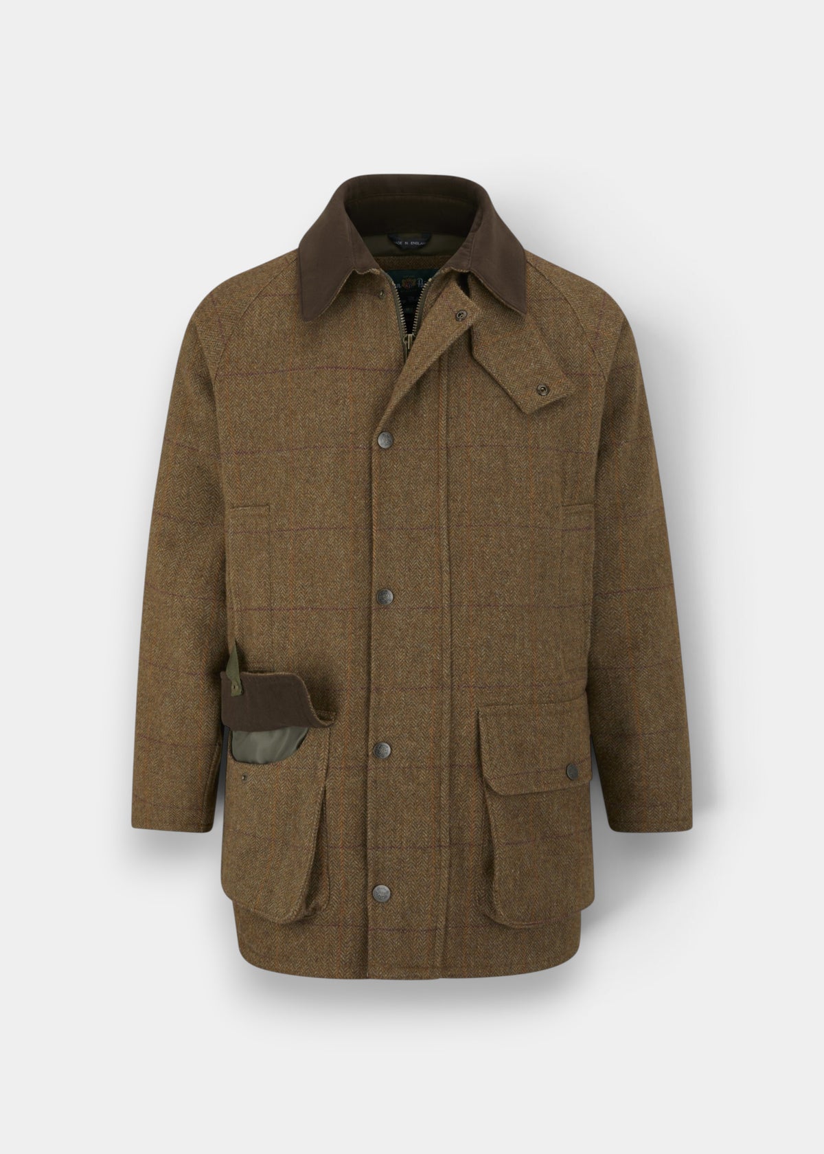 Rutland Children’s Tweed Waterproof Coat in Birch: a brown tweed coat with a dark collar, front pockets, and snap buttons.