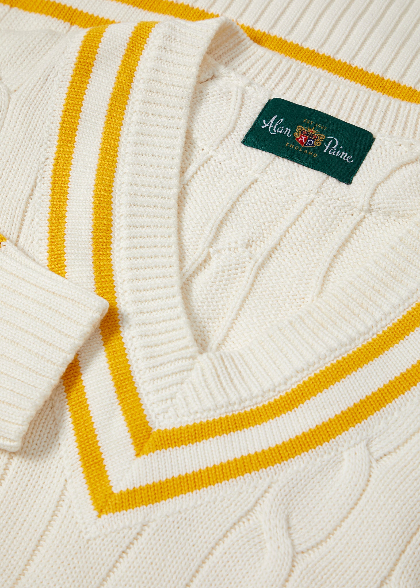 Men s Cable Knit Cricket Jumper In Ecru Gold Alan Paine UK