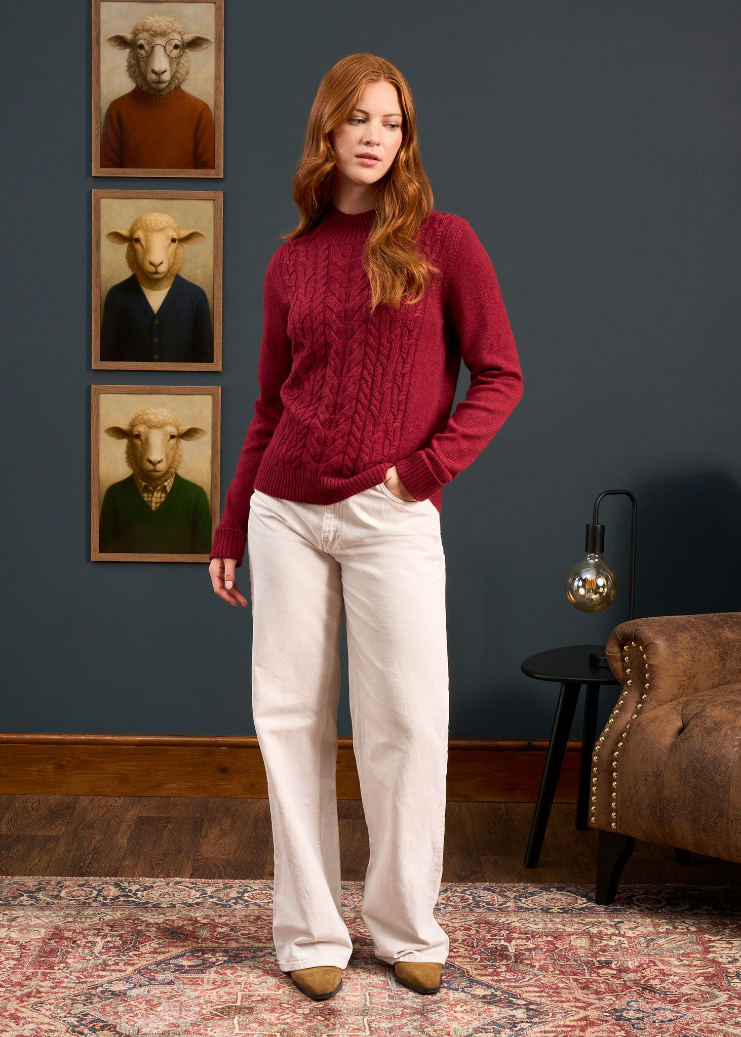 Sienna Ladies Cable Knit Roll Neck In Berry