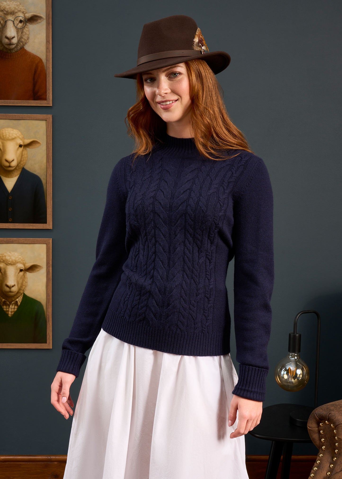 Sienna Ladies Cable Knit Roll Neck In Dark Navy