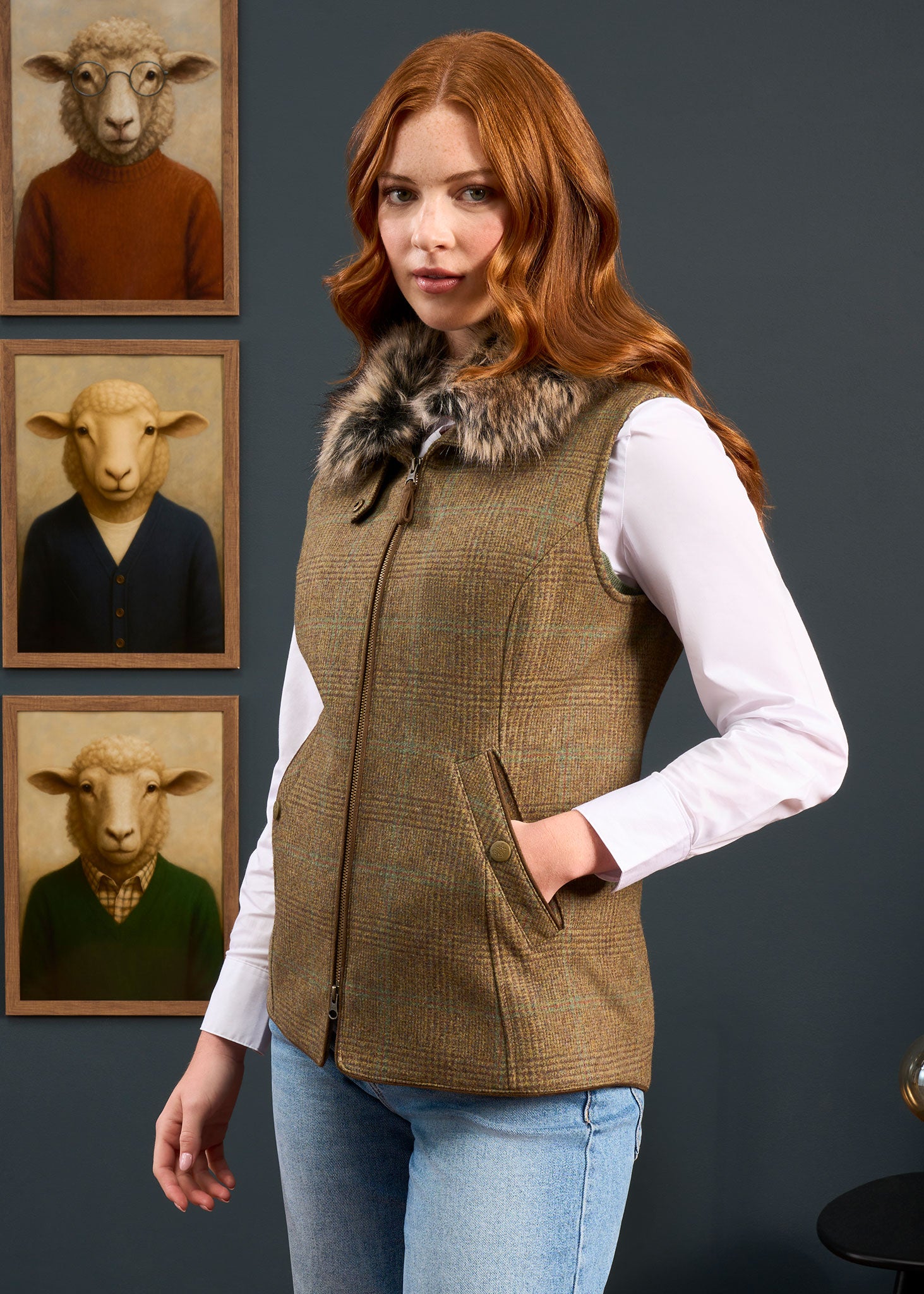 Surrey Ladies Tweed Gilet In Marsh. – Alan Paine