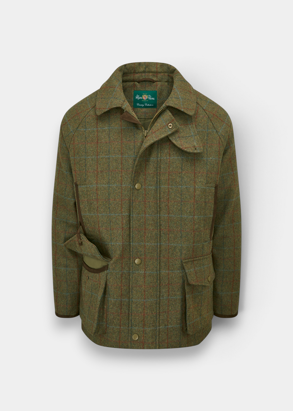 Surrey Men’s Tweed Waterproof Coat in Hawkswood: an olive green plaid shooting jacket with pockets, zip, and storm flap.