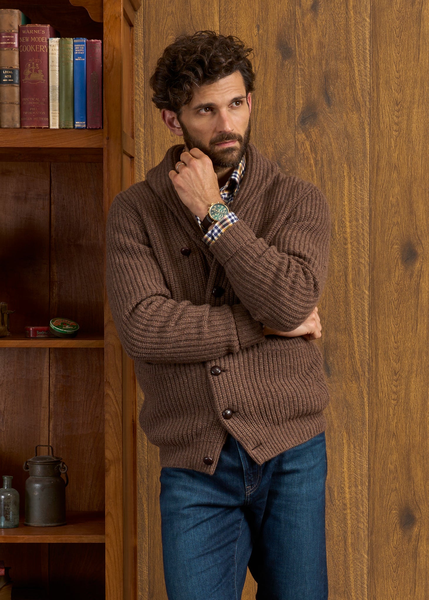 Usworth Men s Shawl Collar Lambswool Jumper In Tobacco Regular Fit