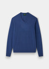 Alan Paine Albury regular fit v-neck jumper in blue Geelong lambswool with ribbed hem and cuffs