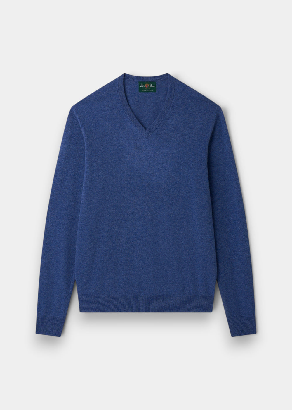Alan Paine Albury regular fit v-neck jumper in blue Geelong lambswool with ribbed hem and cuffs