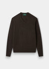Alan Paine Albury regular fit v-neck jumper in cocoa brown Geelong lambswool with ribbed hem and cuffs