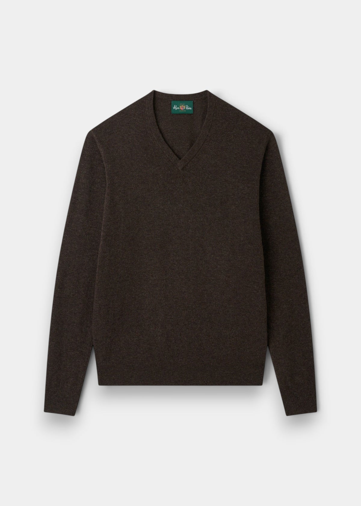 Albury Geelong Wool V-Neck Jumper in Cocoa, regular fit, laid flat on white; made from soft lambswool.