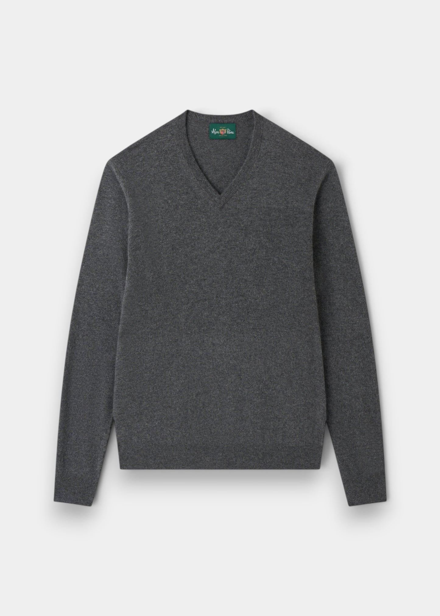 Alan Paine Albury regular fit v-neck jumper in dark grey Geelong wool with ribbed hem and cuffs
