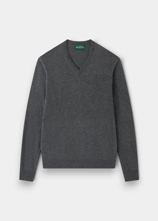 Alan Paine Albury regular fit v-neck jumper in dark grey Geelong wool with ribbed hem and cuffs