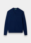 Alan Paine Albury indigo blue V-neck jumper in lightweight Geelong lambswool with ribbed hem and cuffs.