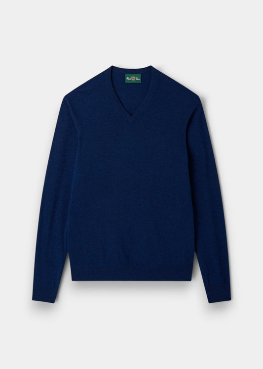 Alan Paine Albury indigo blue V-neck jumper in lightweight Geelong lambswool with ribbed hem and cuffs.