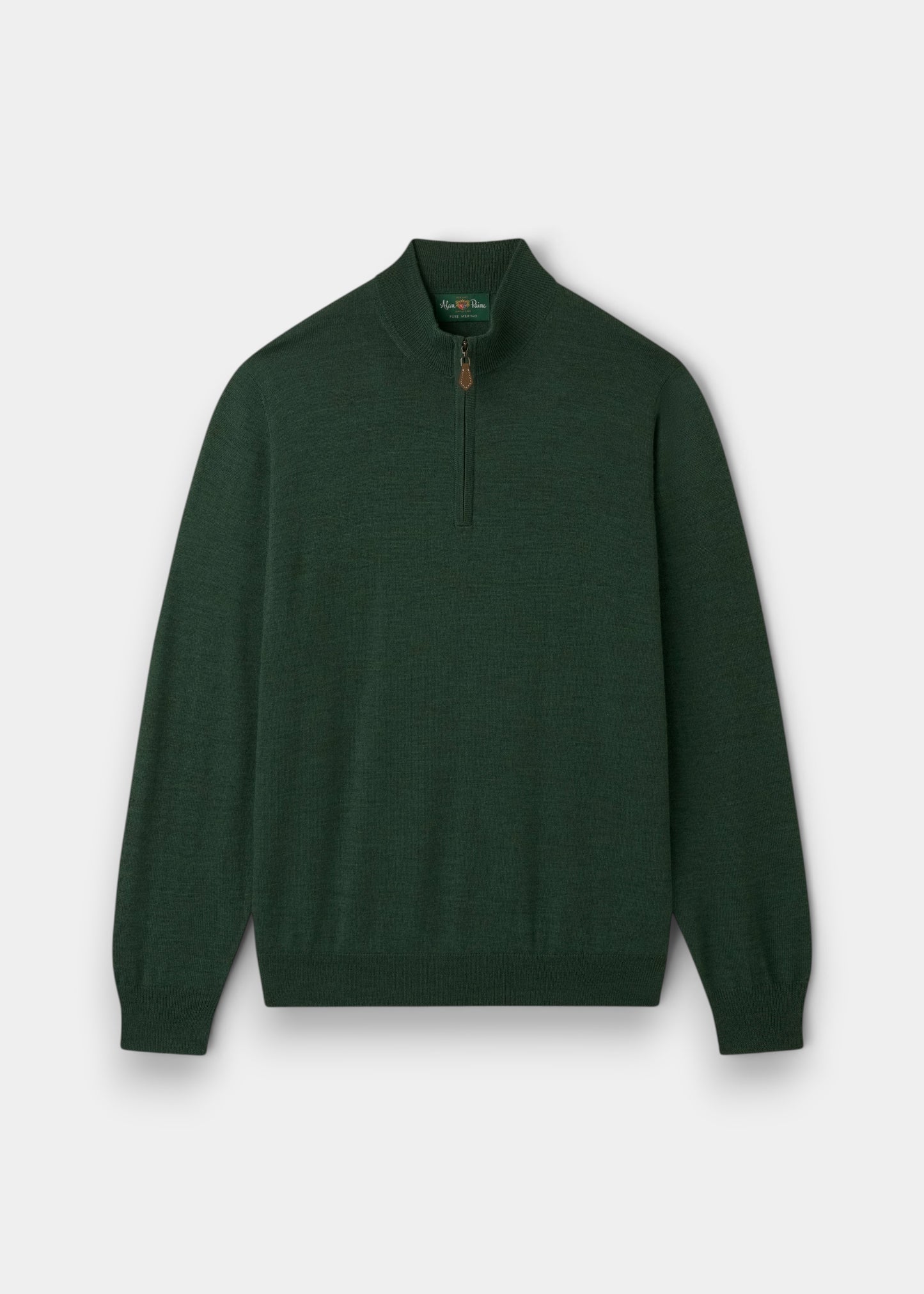 Alan Paine Barton hunter green 1/4 zip jumper in fine Italian merino wool with a ribbed hem and cuffs.