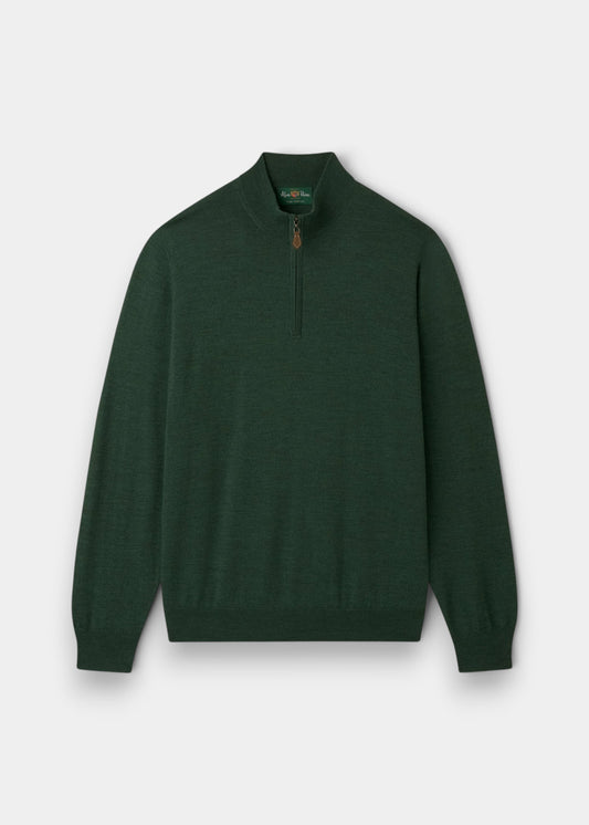 Alan Paine Barton hunter green 1/4 zip jumper in fine Italian merino wool with a ribbed hem and cuffs.