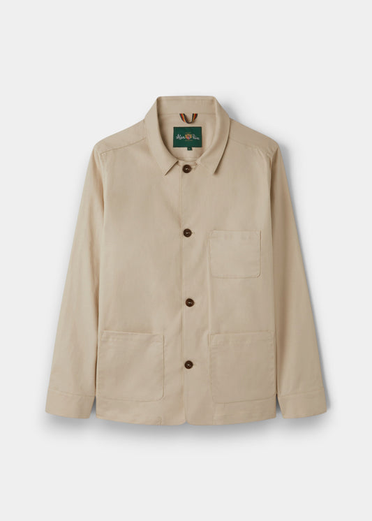 Alan Paine beige linen-blend shacket with corozo buttons, chest and waist pockets, and adjustable cuffs.