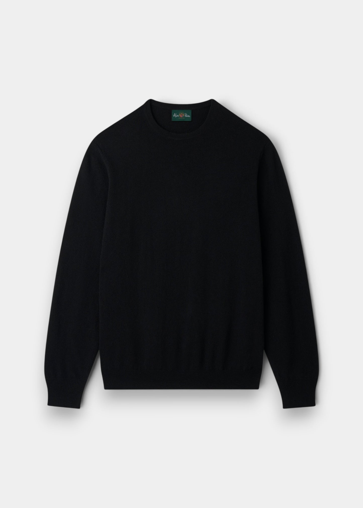 Alan Paine black crew neck jumper in 100% cashmere with ribbed hem and cuffs in a regular fit.